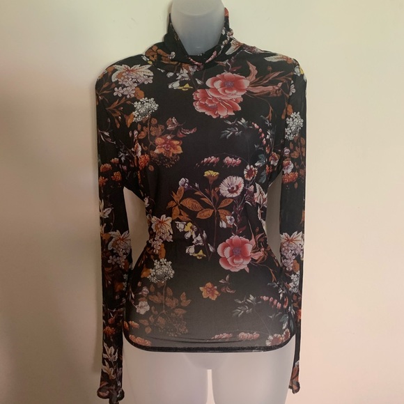 Xhilaration Tops - Black Floral Mesh Top